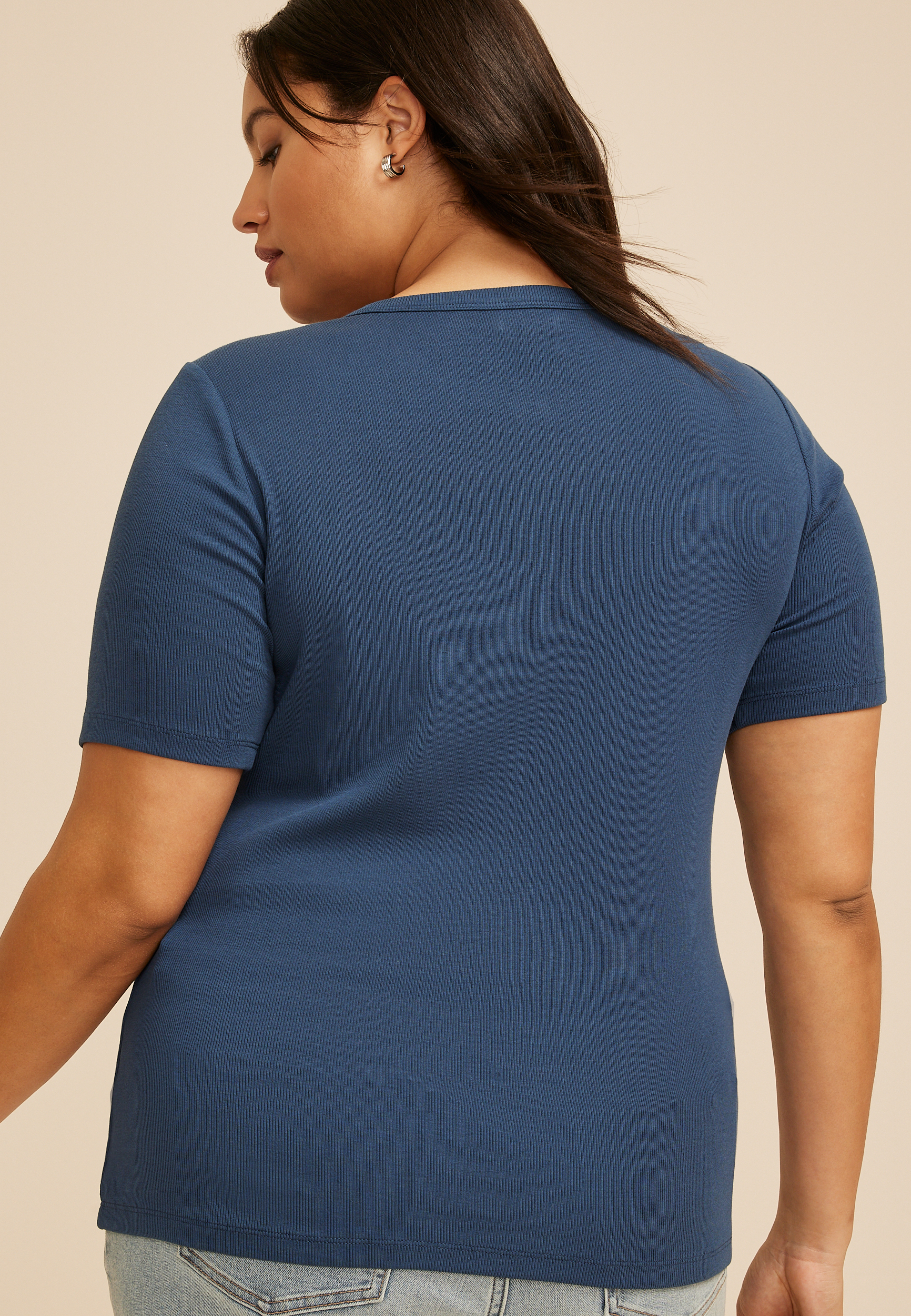 Plus Size Ribbed Button Front Short Sleeve Tee - thumbnail 2