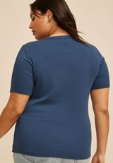 Plus Size Ribbed Button Front Short Sleeve Tee, C1605, small