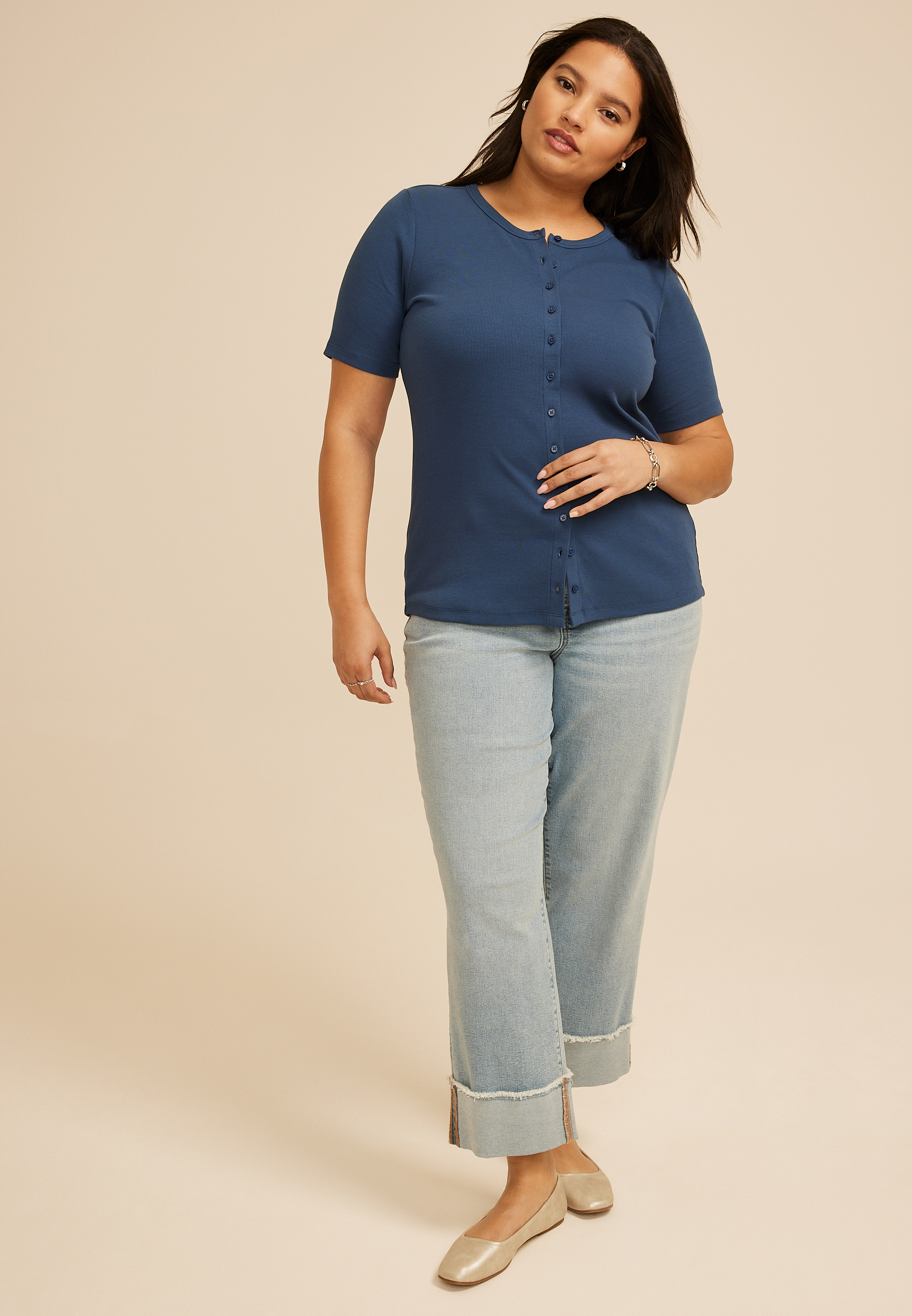 Plus Size Ribbed Button Front Short Sleeve Tee - thumbnail 3