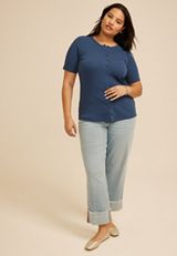 Plus Size Ribbed Button Front Short Sleeve Tee, C1605, small