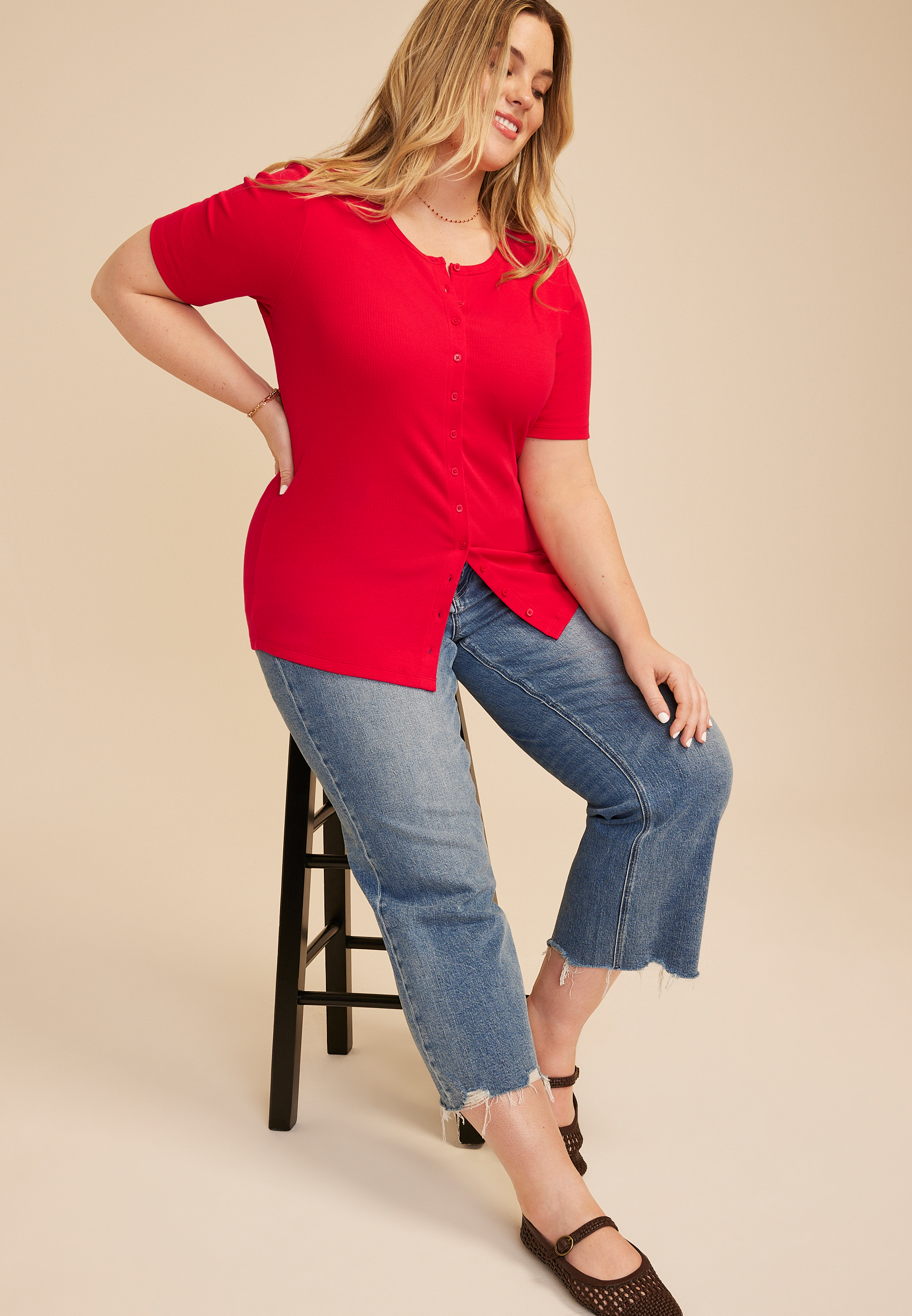 Plus Size Ribbed Button Front Short Sleeve Tee