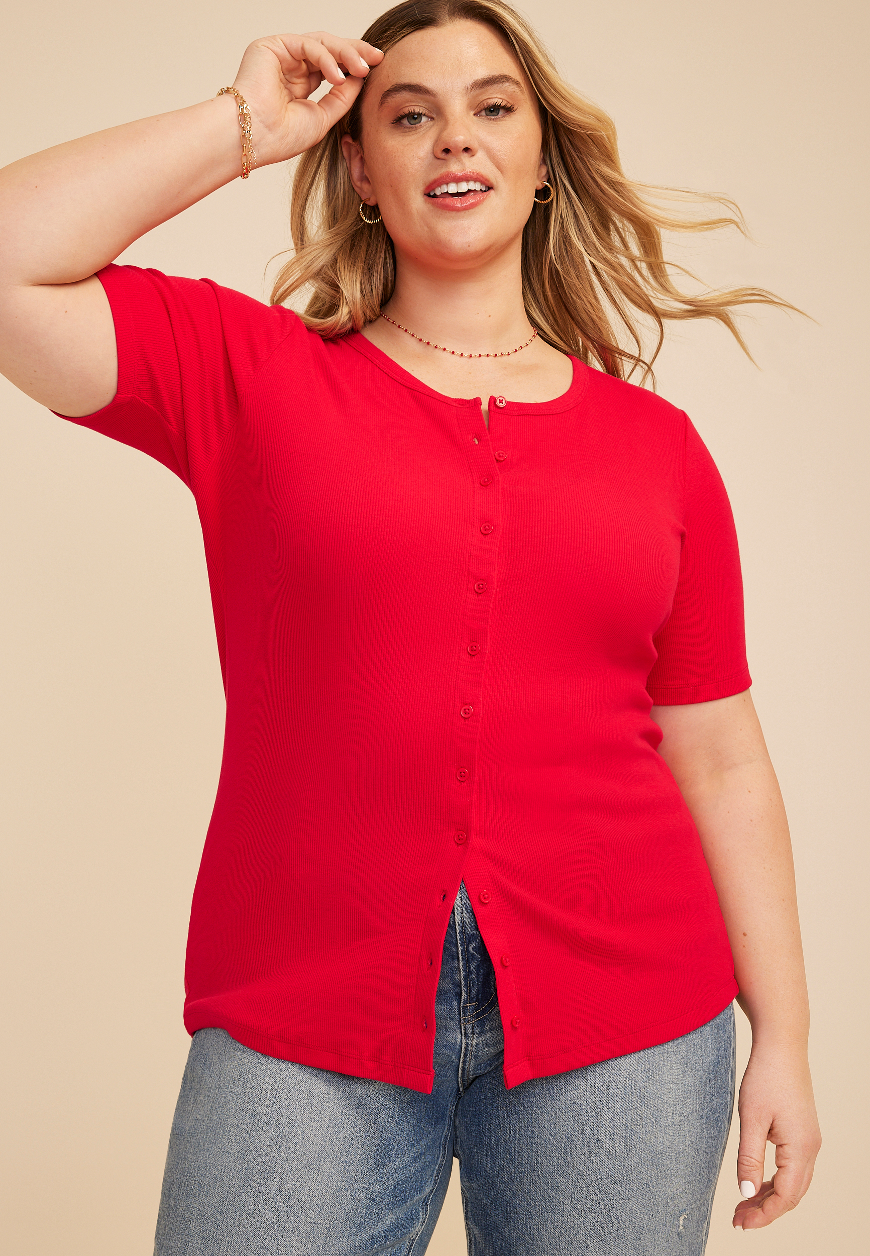 Plus Size Ribbed Button Front Short Sleeve Tee - thumbnail 9