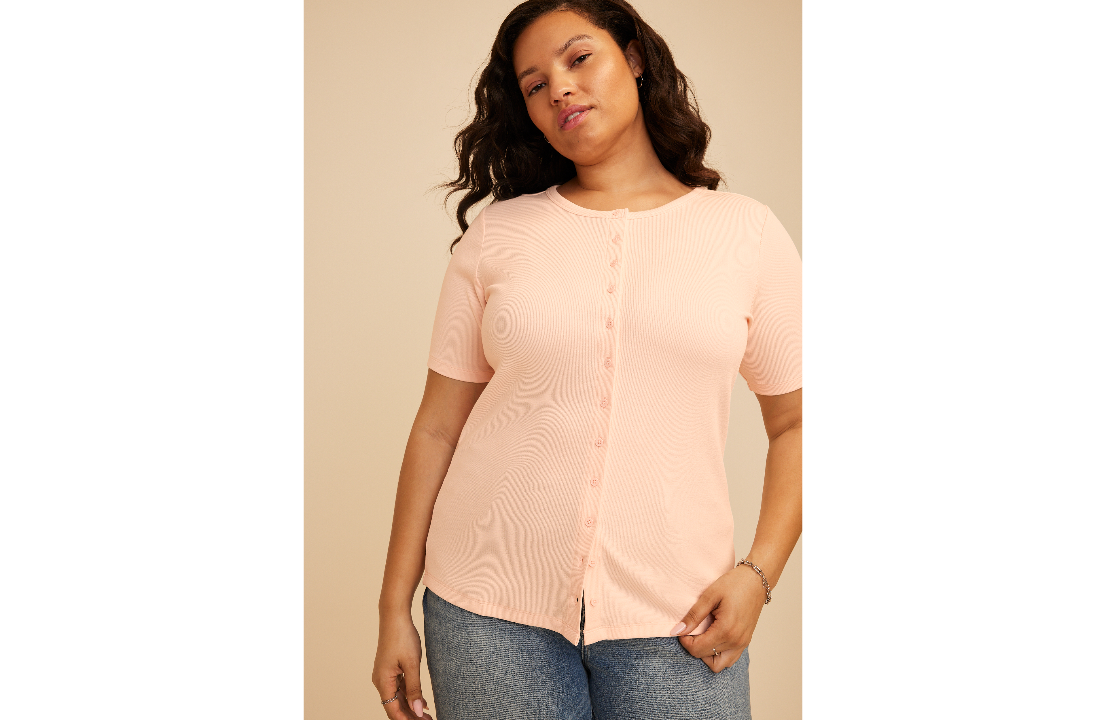Plus Ribbed Button Front Short Sleeve Tee