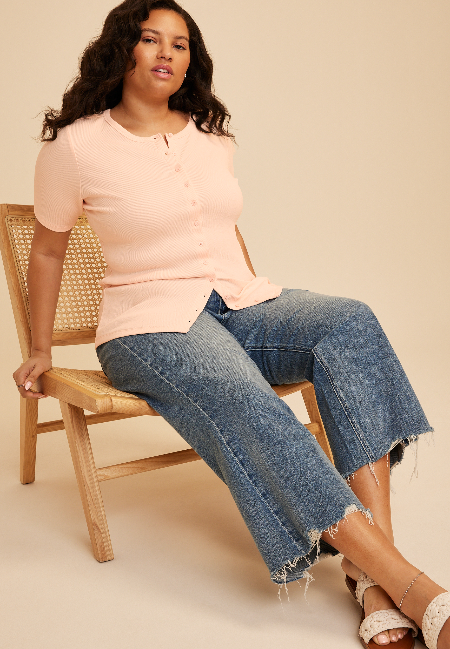 Plus Ribbed Button Front Short Sleeve Tee