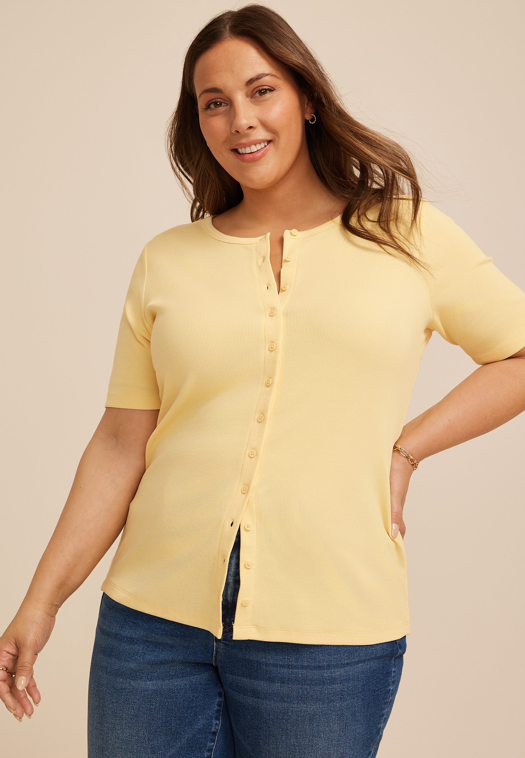 Plus Size Ribbed Button Front Short Sleeve Tee