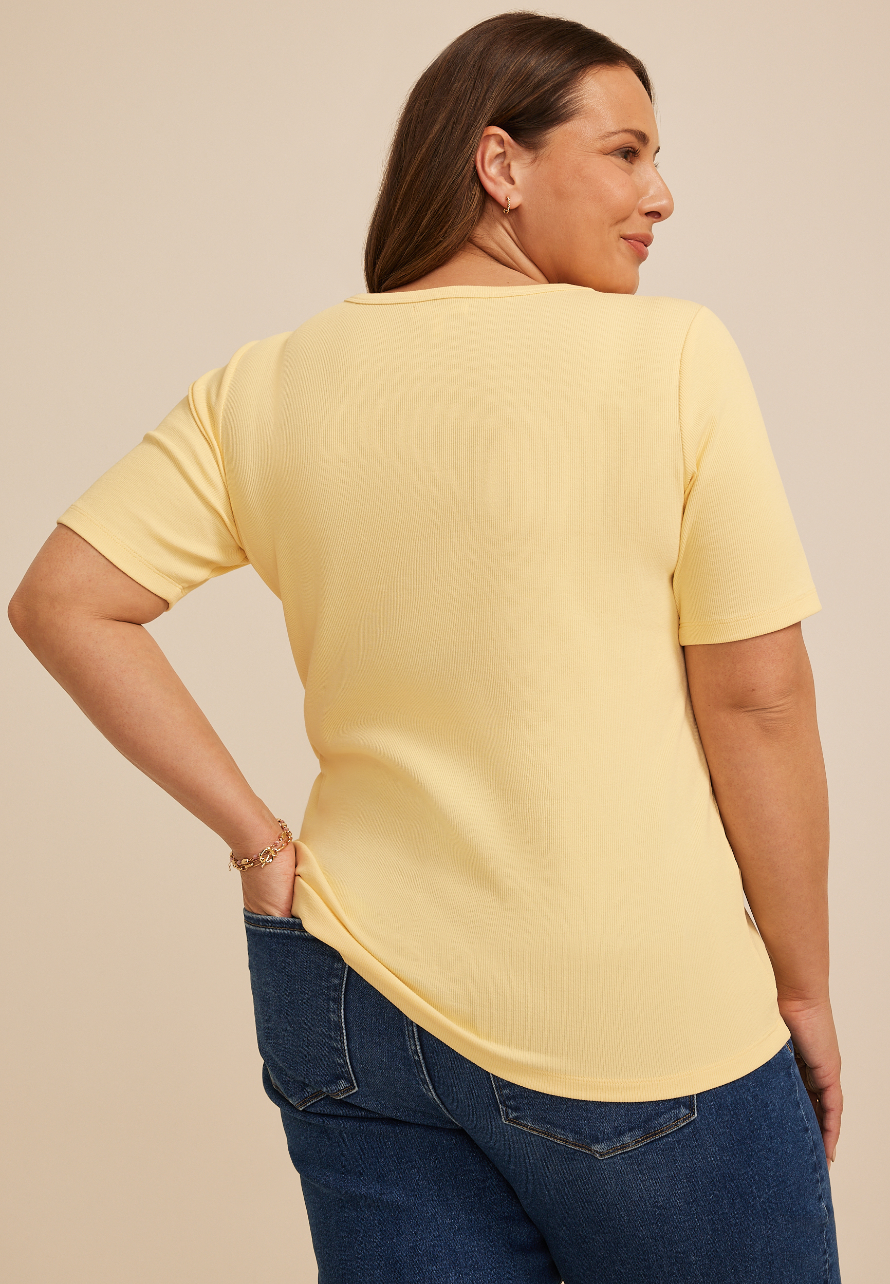 Plus Size Ribbed Button Front Short Sleeve Tee, C8134, large