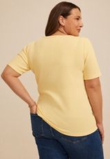 Plus Size Ribbed Button Front Short Sleeve Tee, C8134, small