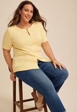Plus Size Ribbed Button Front Short Sleeve Tee, C8134, small