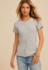 Heather Gray Ribbed Button Front Short Sleeve Tee, LIGHT HEATHER GRAY, small