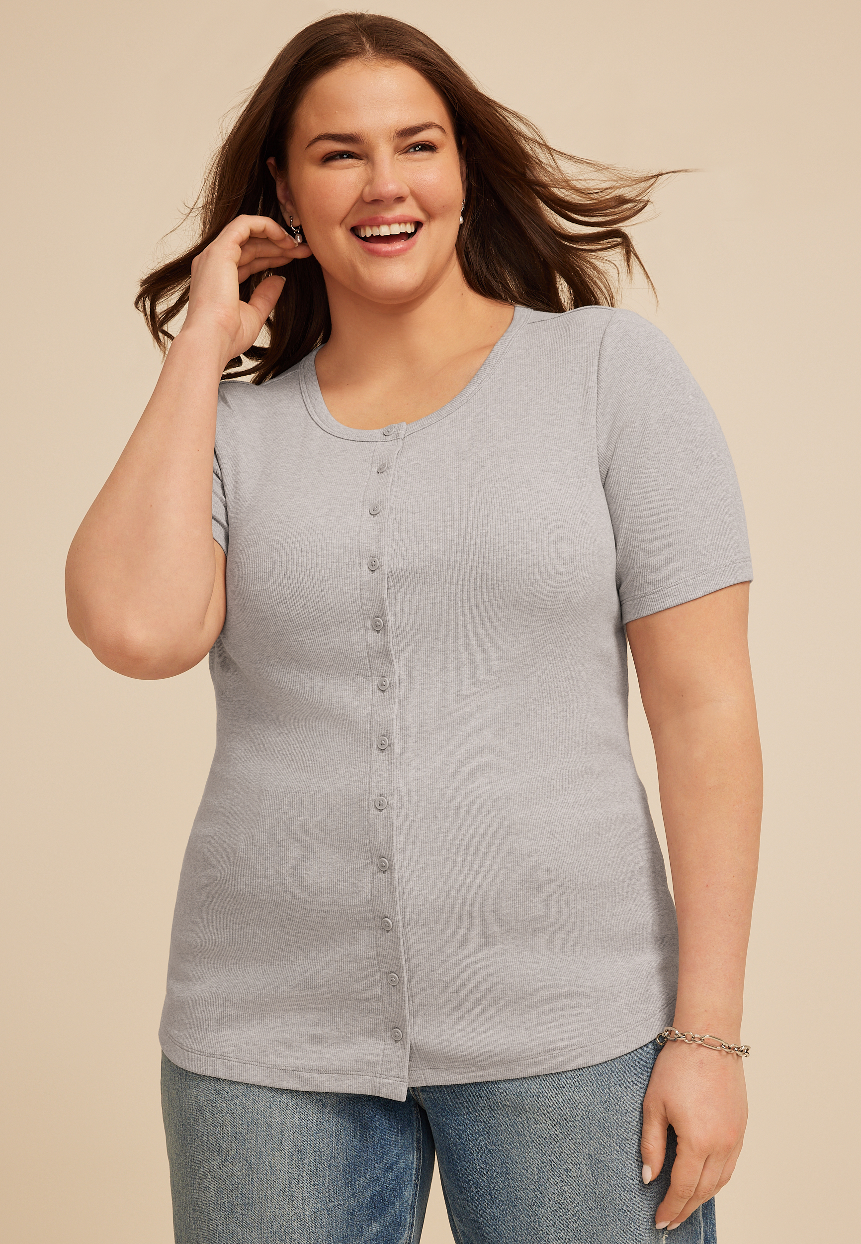 Plus Size Heather Gray Ribbed Button Front Short Sleeve Tee