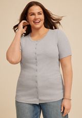 Plus Size Heather Gray Ribbed Button Front Short Sleeve Tee, C3348, small