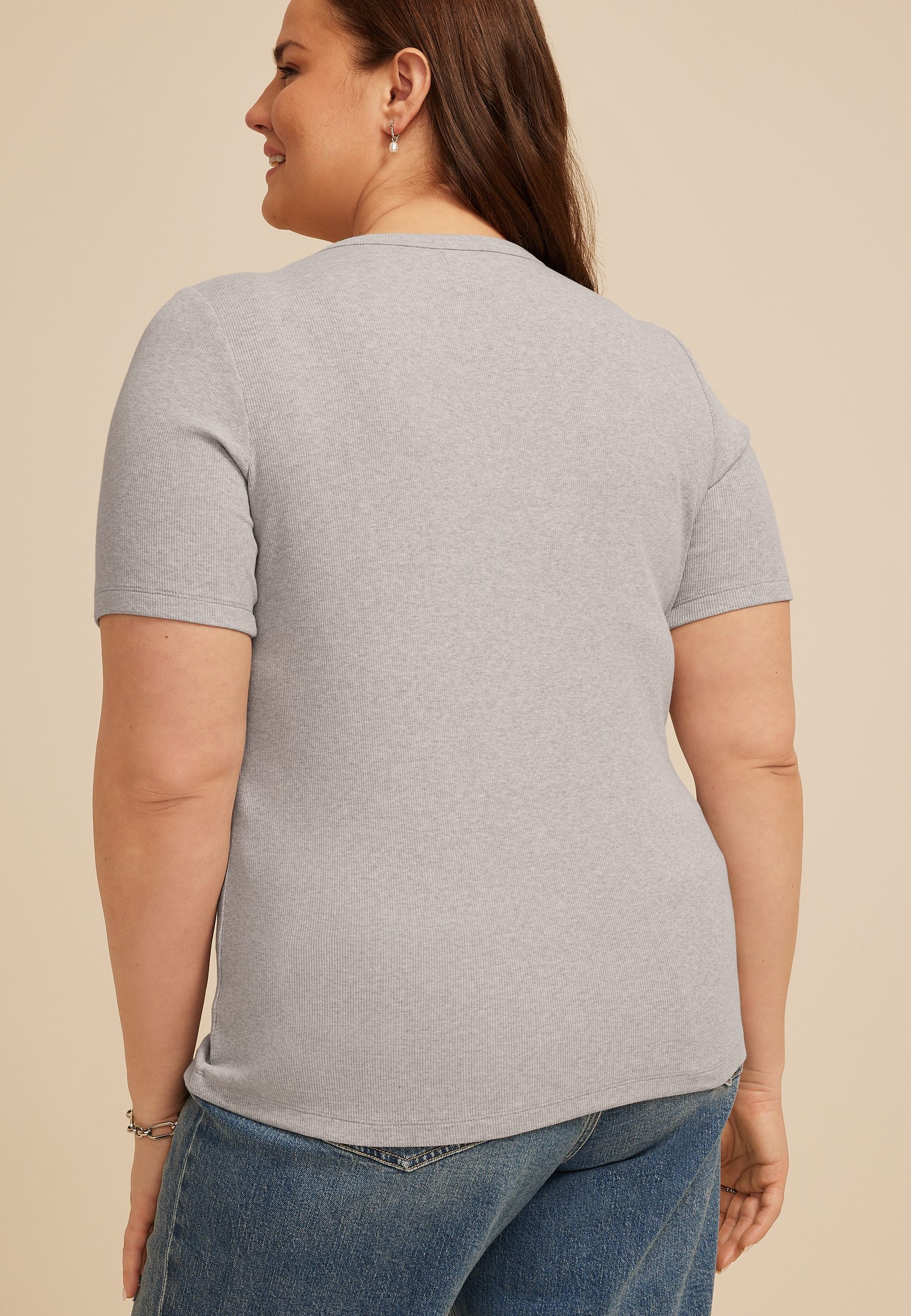 Plus Size Heather Gray Ribbed Button Front Short Sleeve Tee, C3348, large