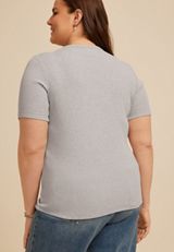 Plus Size Heather Gray Ribbed Button Front Short Sleeve Tee, C3348, small