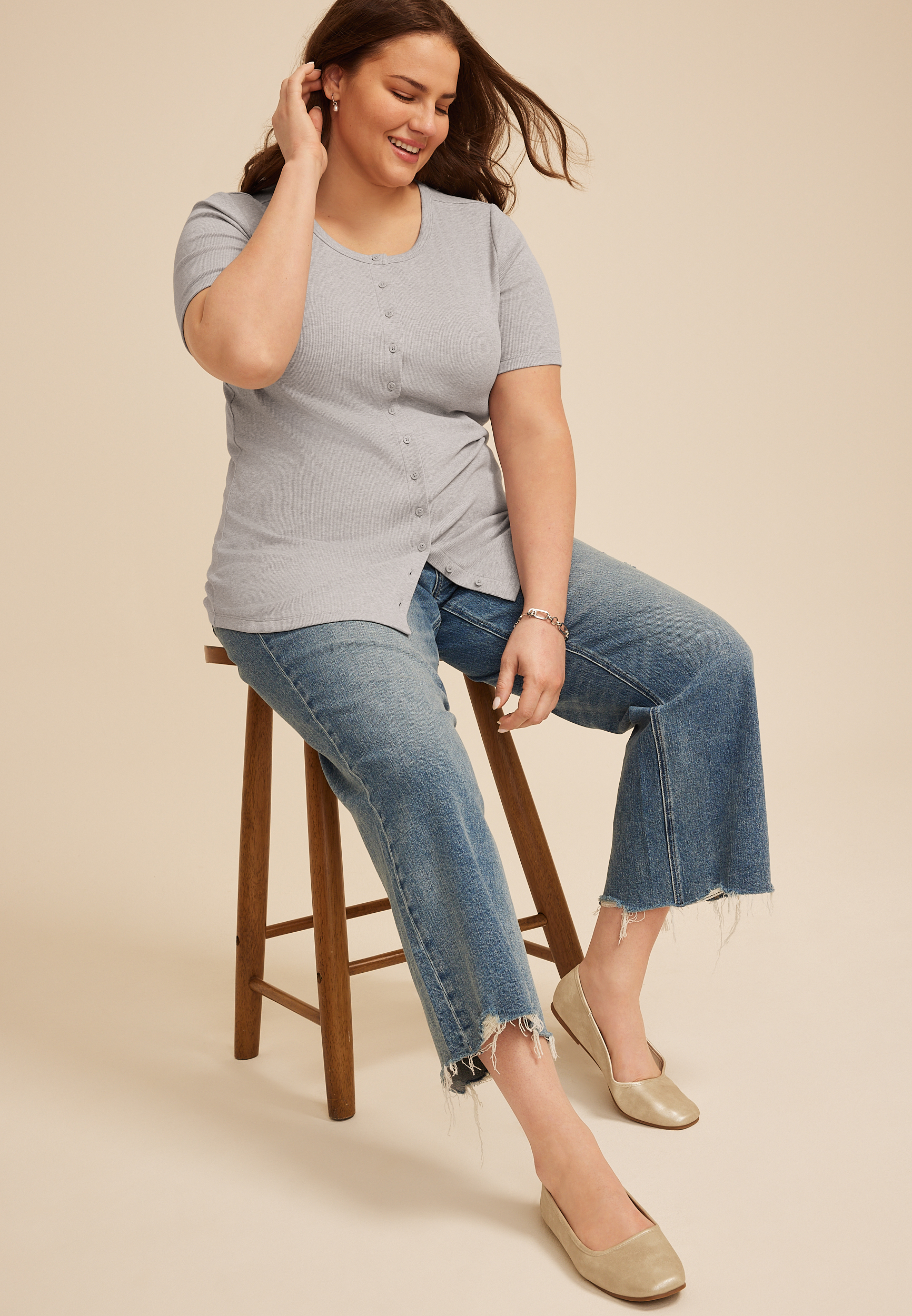 Plus Size Heather Gray Ribbed Button Front Short Sleeve Tee, C3348, large