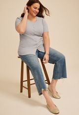 Plus Size Heather Gray Ribbed Button Front Short Sleeve Tee, C3348, small