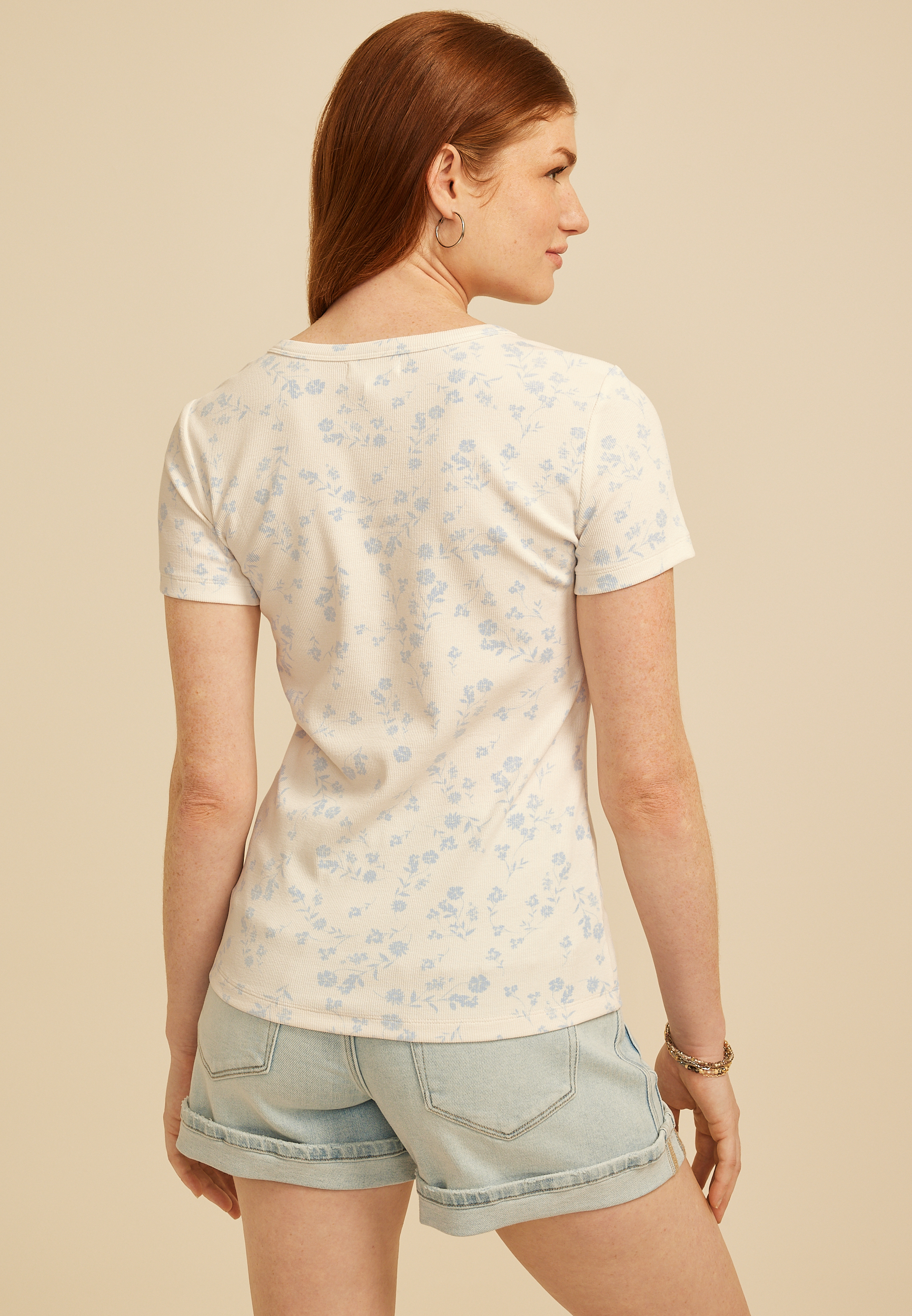 Floral Ribbed Button Front Short Sleeve Tee, C2969, large