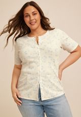 Plus Size Floral Ribbed Button Front Short Sleeve Tee, C2969, small