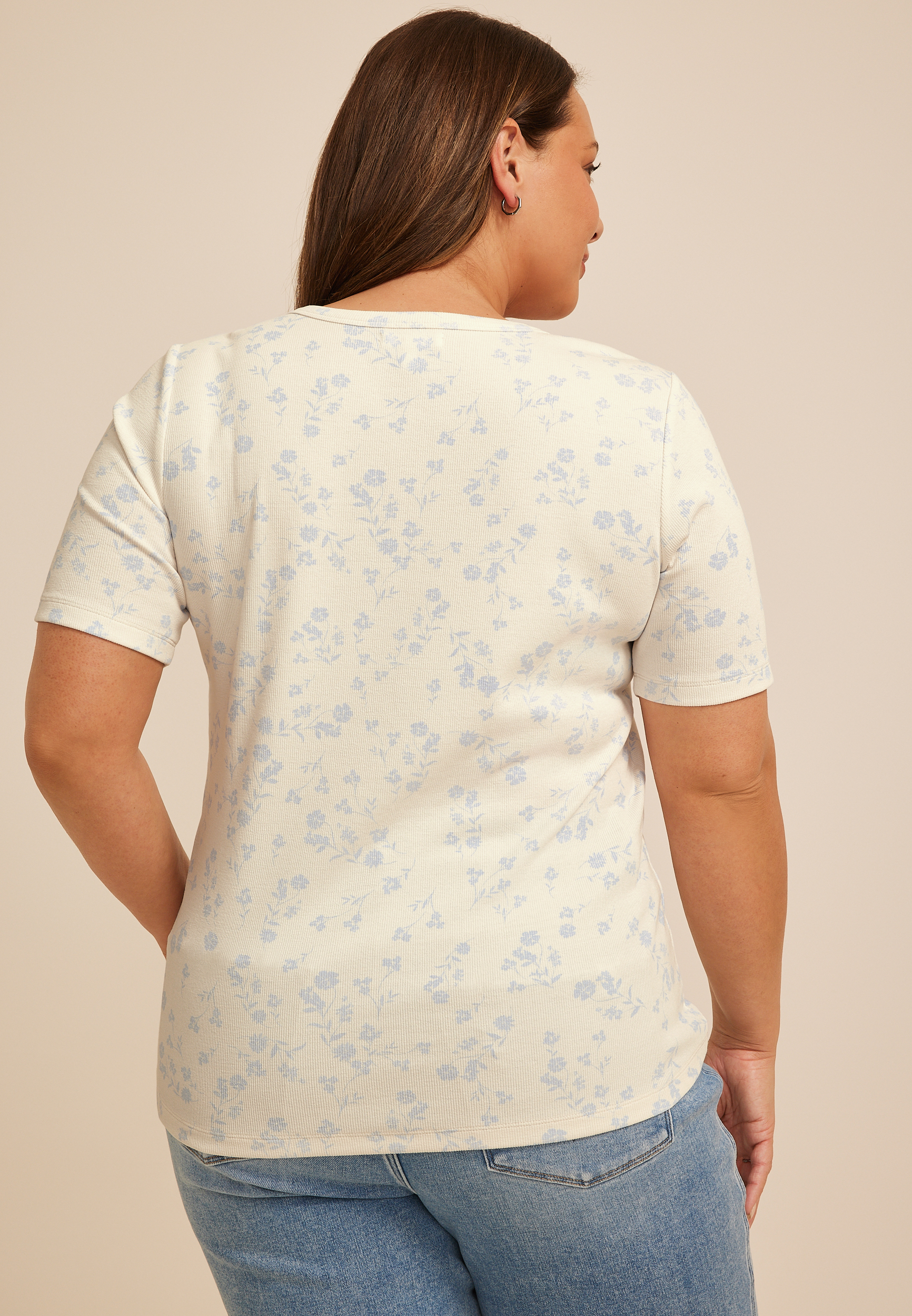 Plus Size Floral Ribbed Button Front Short Sleeve Tee, C2969, large