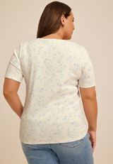 Plus Size Floral Ribbed Button Front Short Sleeve Tee, C2969, small