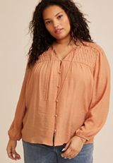 Plus Size Cinched Yoke Button Front Peasant Blouse, C5127, small