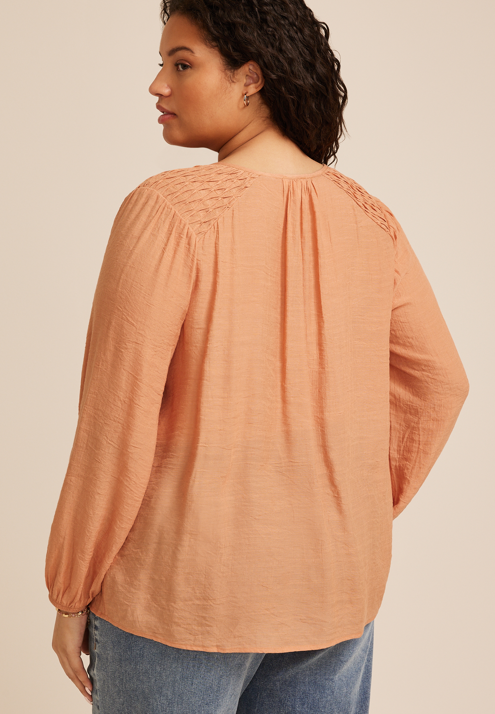 Plus Size Cinched Yoke Button Front Peasant Blouse, C5127, large