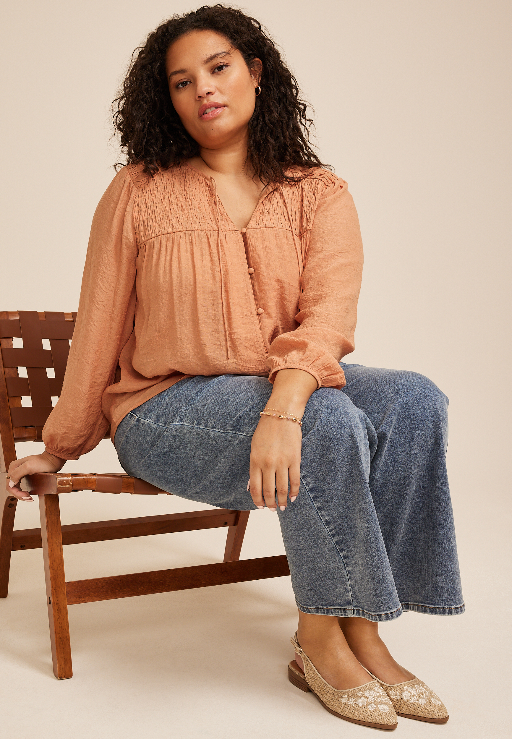 Plus Size Cinched Yoke Button Front Peasant Blouse, C5127, large
