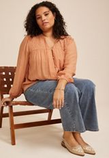 Plus Size Cinched Yoke Button Front Peasant Blouse, C5127, small