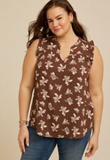 Plus Size Floral Notched Neck Ruffle Tank Top, C6115, small