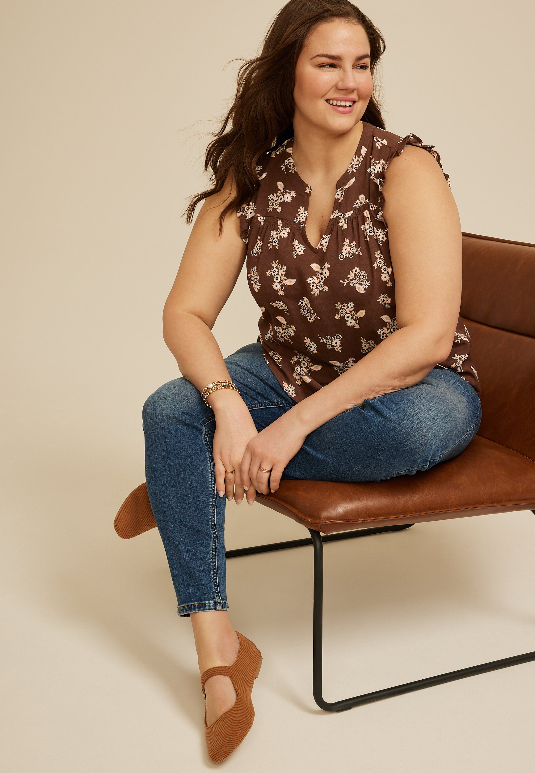 Plus Size Floral Notched Neck Ruffle Tank Top, C6115, large