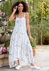 Patchwork Bare Tie Cinched Midi Dress, GARDENIA COMBO, small