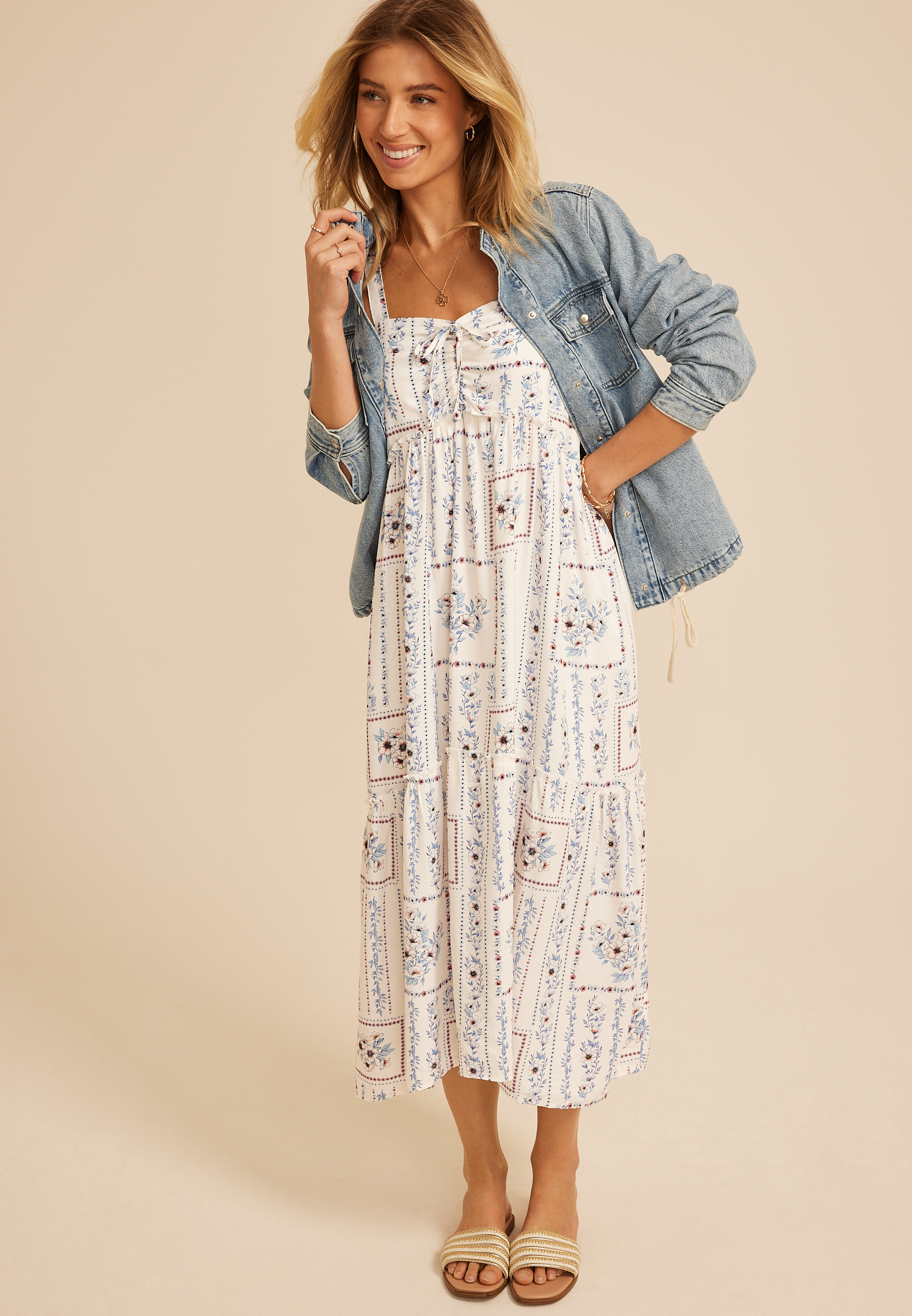 Patchwork Bare Tie Cinched Midi Dress | maurices