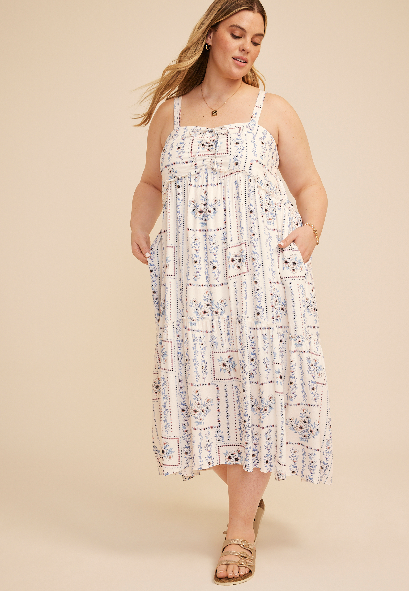 Patchwork Bare Tie Cinched Midi Dress