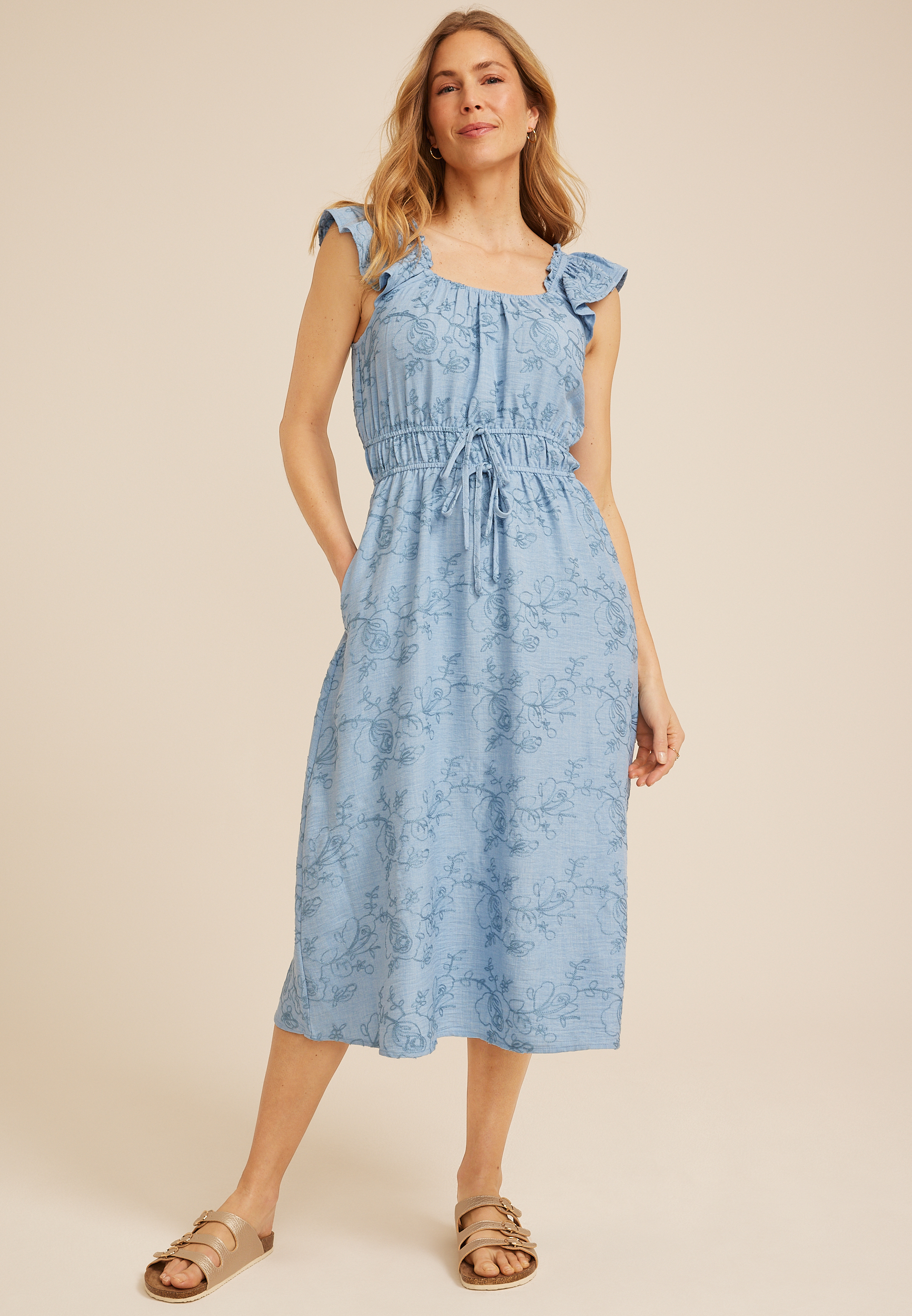 Chambray Embroidered Floral Micro Flutter Midi Dress