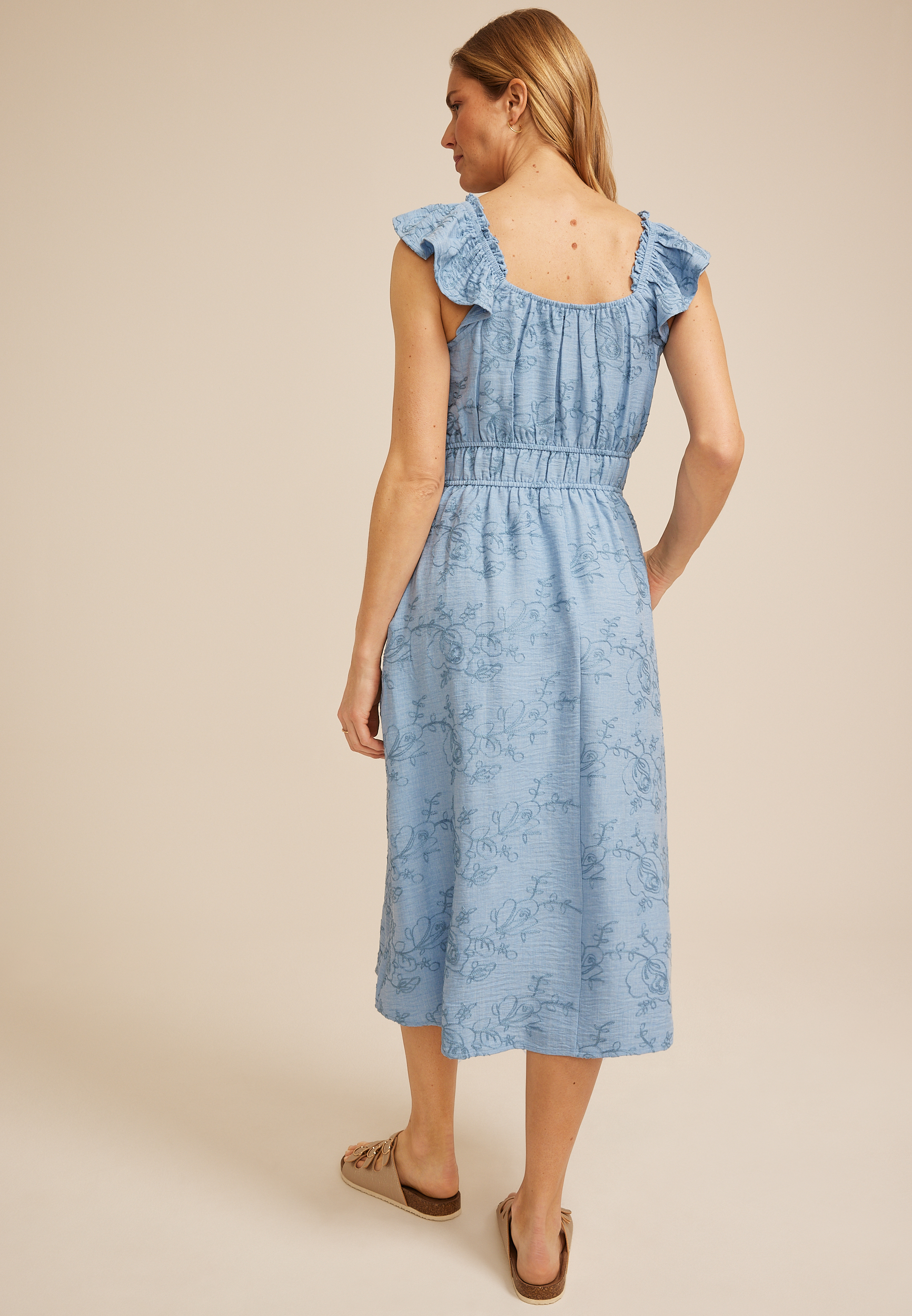 sachin and babi light blue dress Studio West Denim Dress Embroidered Floral Cottagecore Maxi long sleeve one  size