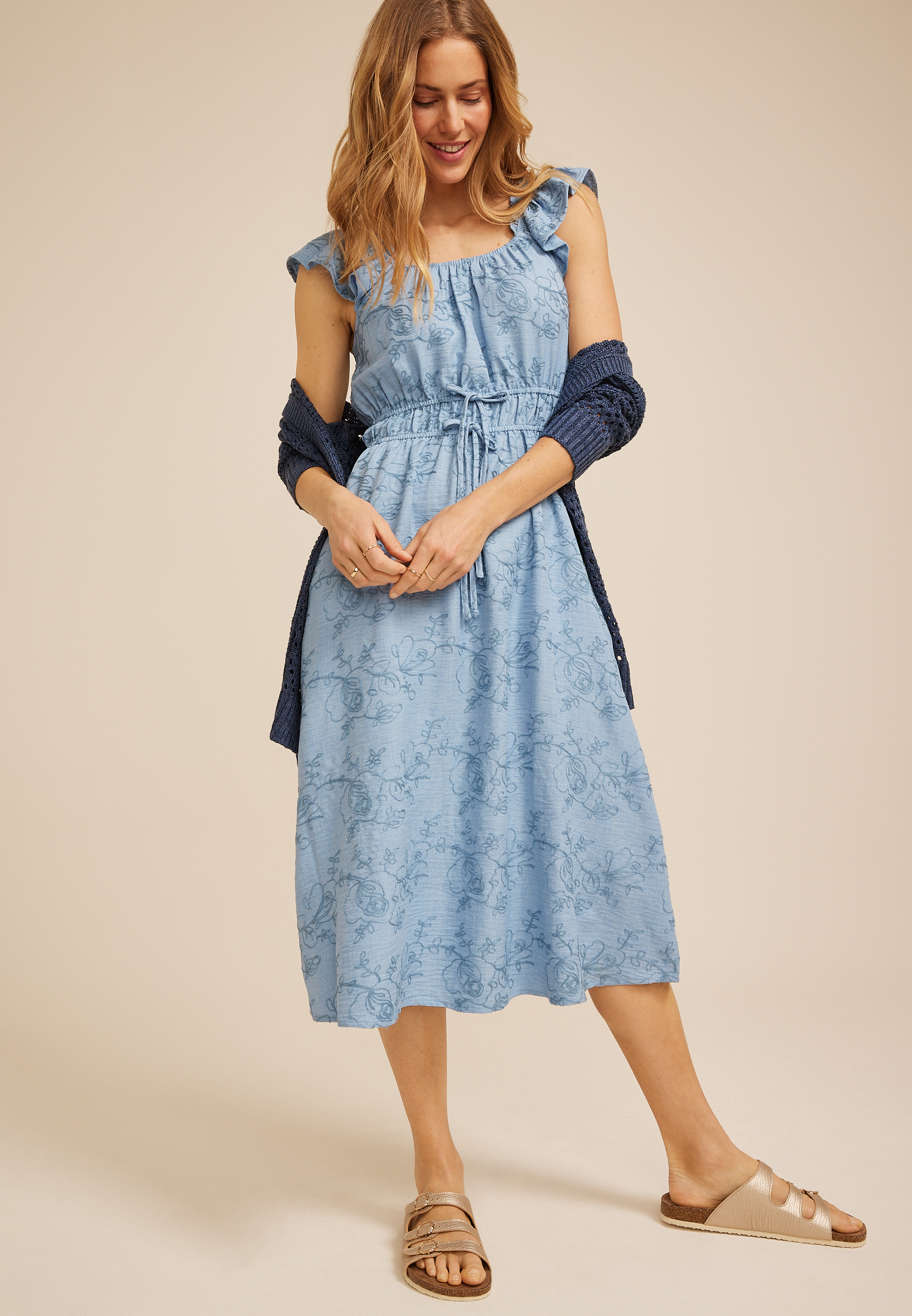 Chambray Embroidered Floral Micro Flutter Midi Dress, C5329, large