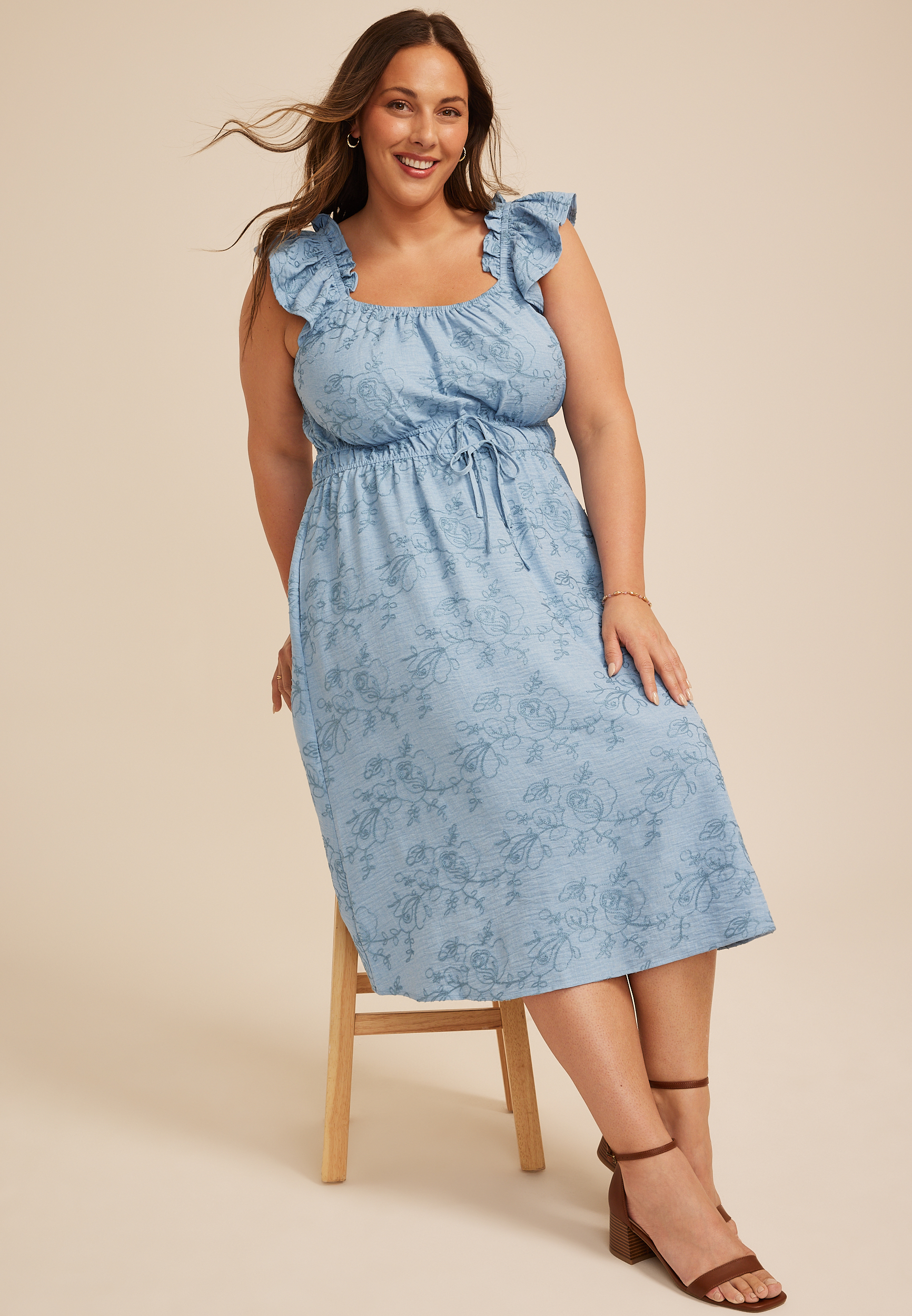 Plus Size Chambray Embroidered Floral Micro Flutter Midi Dress