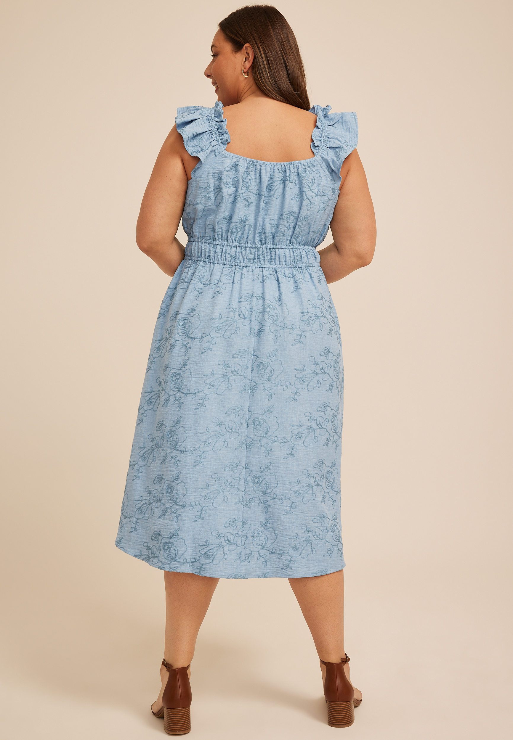 Plus Size Chambray Embroidered Floral Micro Flutter Midi Dress, C5329, large