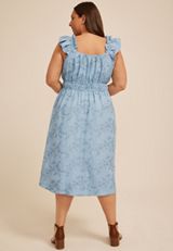 Plus Size Chambray Embroidered Floral Micro Flutter Midi Dress, C5329, small