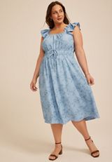 Plus Size Chambray Embroidered Floral Micro Flutter Midi Dress, C5329, small