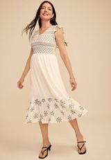 Embroidered Smocked Micro Flutter Sleeve Midi Dress, C9298, small
