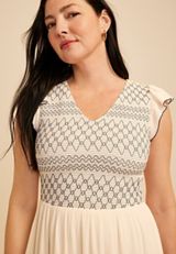 Embroidered Smocked Micro Flutter Sleeve Midi Dress, C9298, small