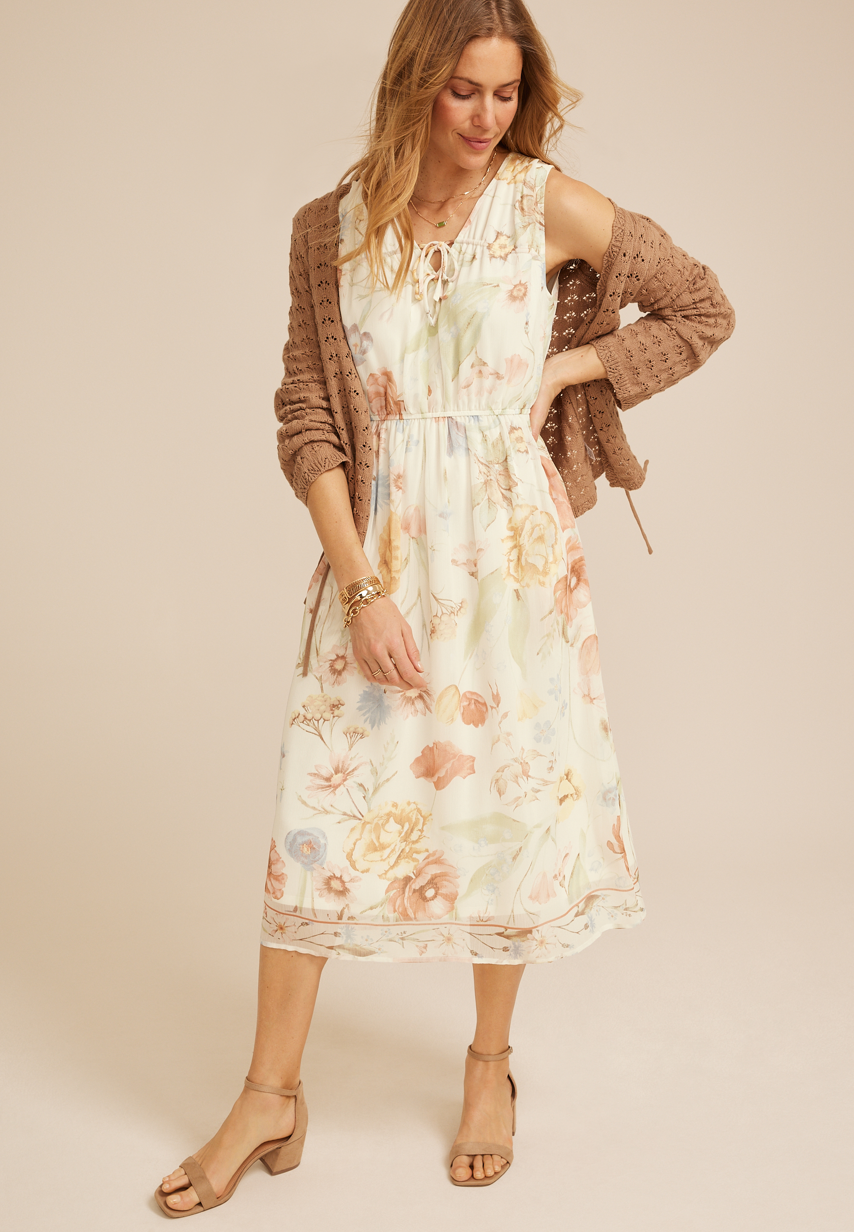 Bare Floral Lace Up Midi Dress, C5487, large