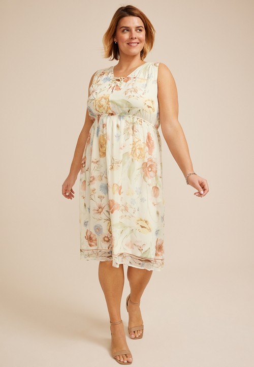 Maurices Plus Size Women's Bare Floral Lace Up Midi Dress Beige Size 3X