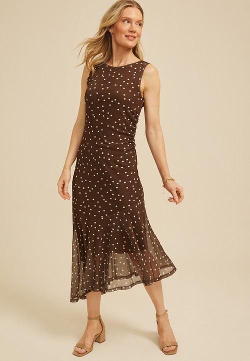 knee length dresses for ladies Chocolate Brown Fit Flare Ruffle Evening Midi Dress With Belt main image 1