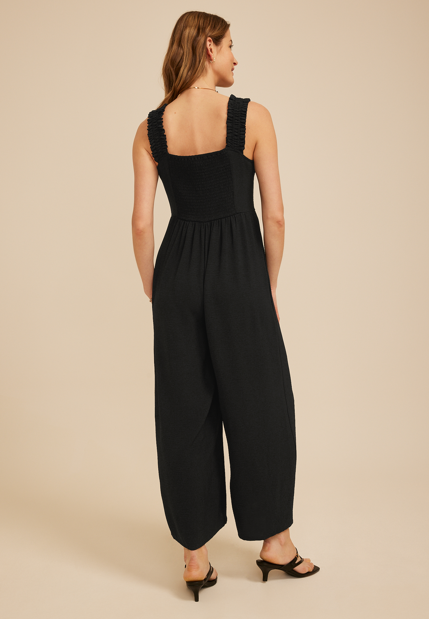 Cool Crepe Ruched Ruffle Strap Jumpsuit, C106, large