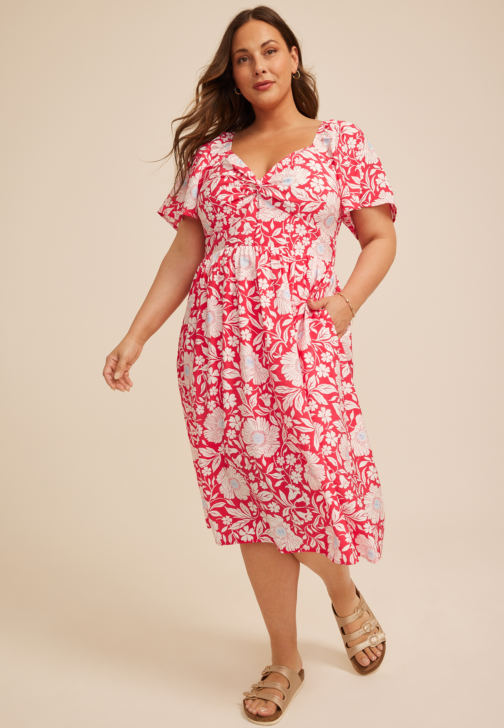 Plus Size Floral Twist Front Flutter Sleeve Midi Dress