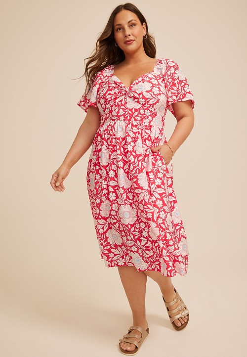 Plus Size Floral Twist Front Flutter Sleeve Midi Dress | maurices