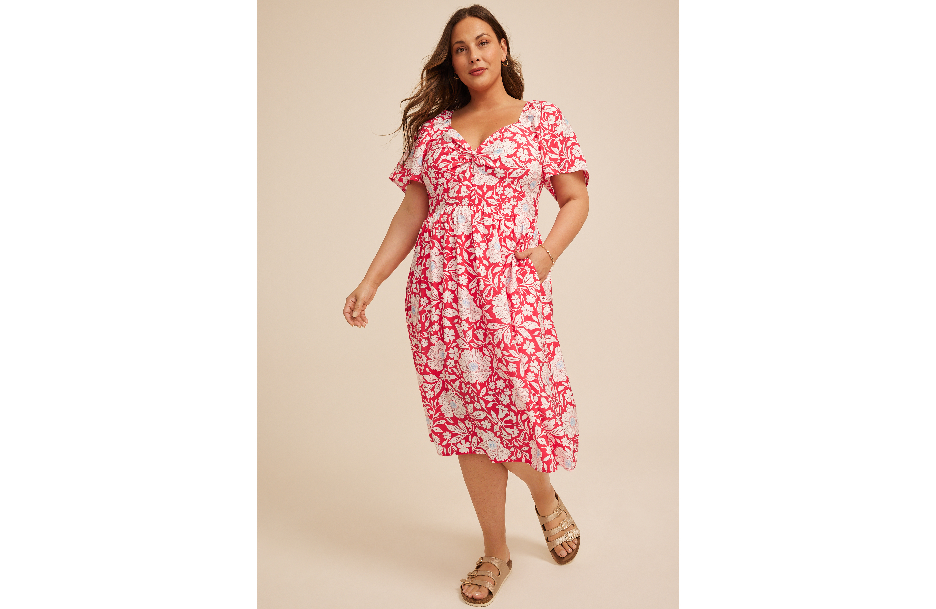 Plus Floral Twist Front Flutter Sleeve Midi Dress