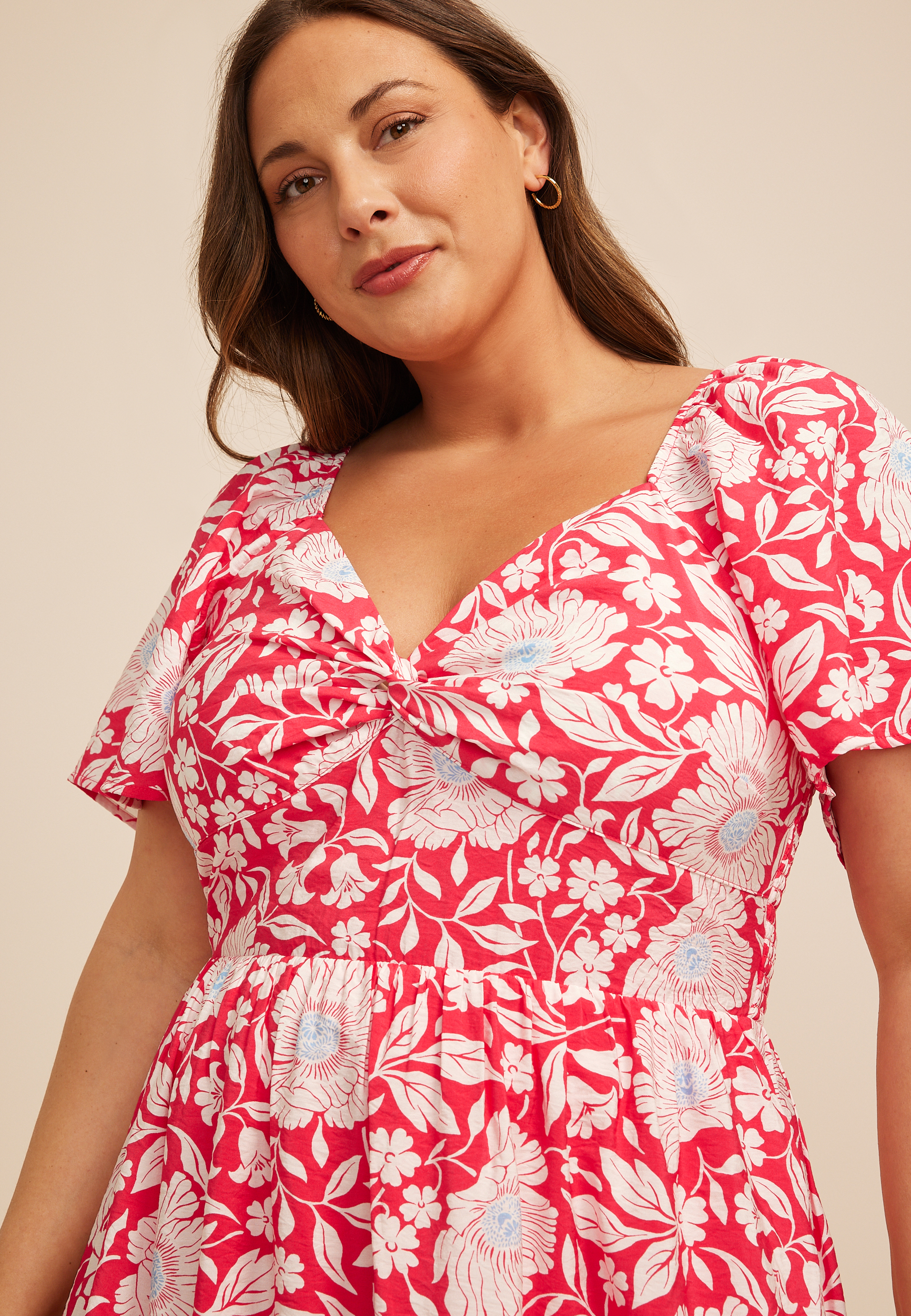 Maurices Plus Size Women's Floral Twist Front Flutter Sleeve Midi Dress Red Size 0X