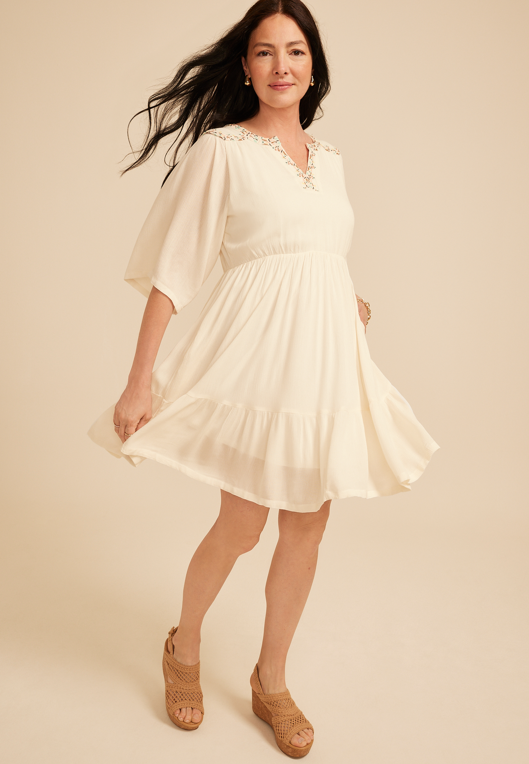 White Embroidered Notch Neck Mini Dress